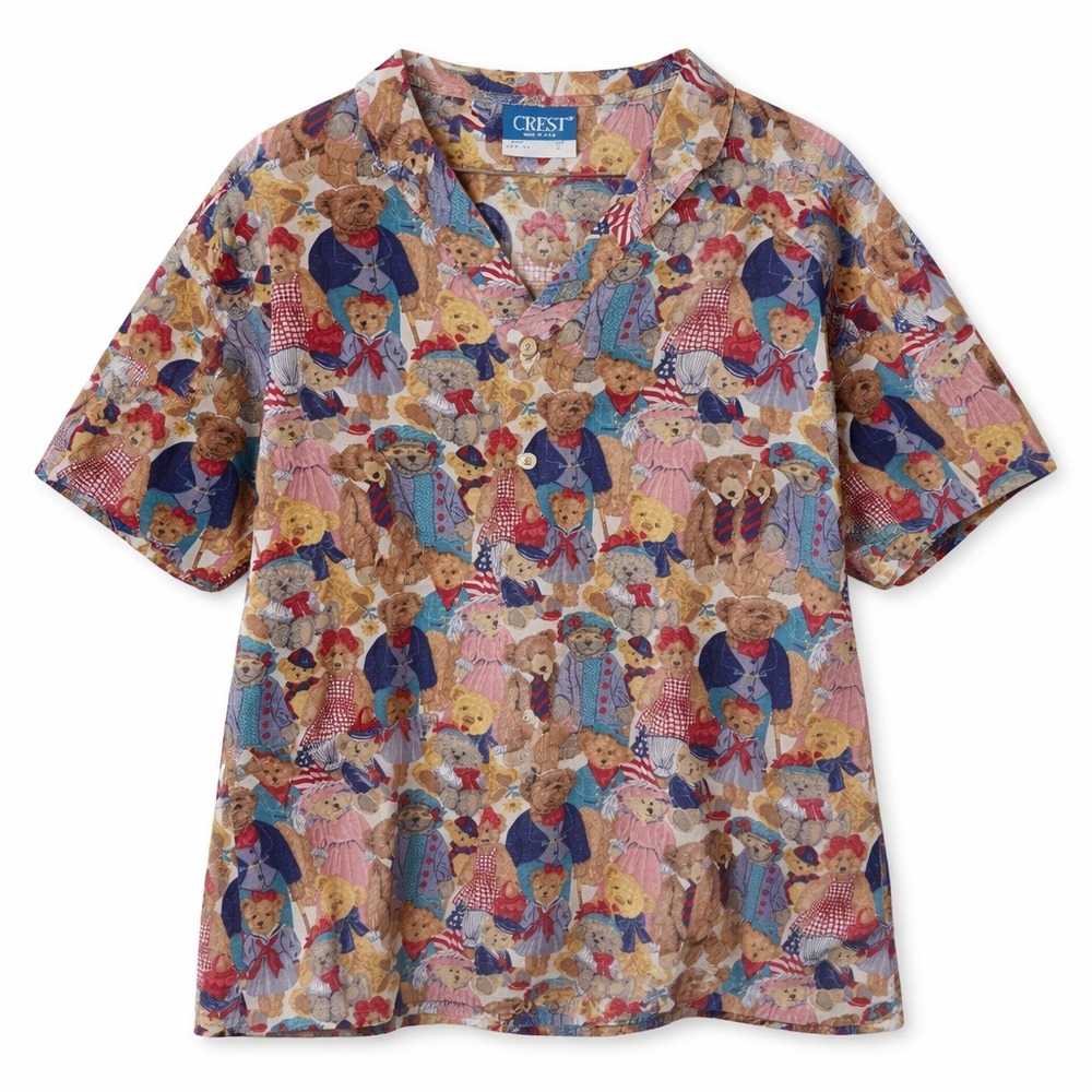 Vintage Crest Teddy Bear Scrub Top V-Neck Made in USA L Novelty Print Maximalist